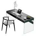Modern Office Desk With Laptop White Mouse Lamp Coffee Cup Green Plant And Glass Legs