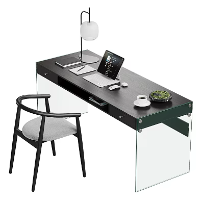Modern Office Desk With Laptop White Mouse Lamp Coffee Cup Green Plant And Glass Legs 3d model