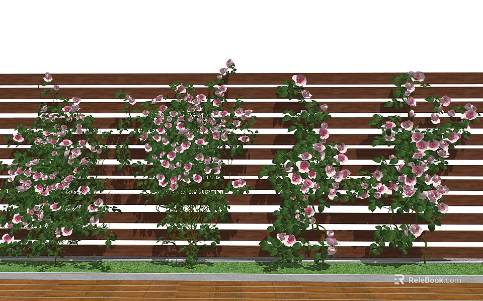 Climbing Pink And White Flowers On Wooden Fence For Garden Decoration 3d model 