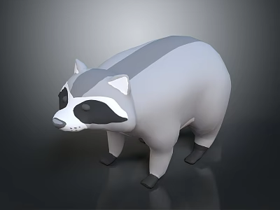 Raccoon 3D Model with Low Poly Design Gray White Body Black Markings on Dark Background 3d model