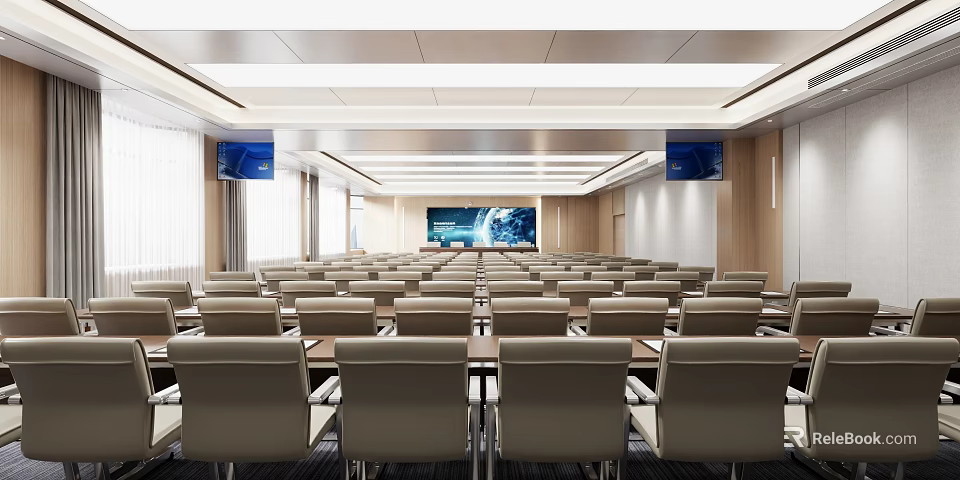 Modern Conference Room Interior With Large Screen And Neatly Arranged Chairs 3d model 