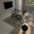 Minimalist Living and Dining Room Interior With Sofa Coffee Table TV And Green Plants