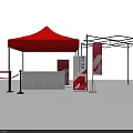 Red Canopy Tent With Black Metal Frame Red Signboards And White Railings