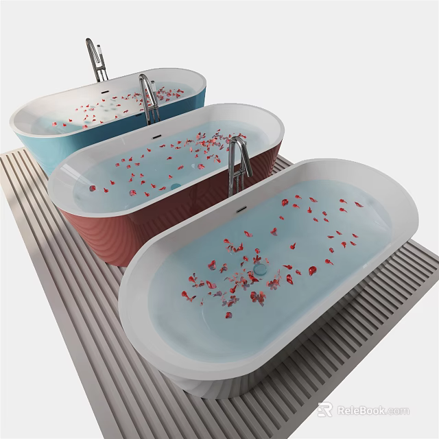 Colorful Oval Bathtubs with Red Rose Petals Floating in Water on Striped Bathroom Floor 3d model 