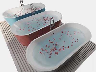 Colorful Oval Bathtubs with Red Rose Petals Floating in Water on Striped Bathroom Floor 3d model