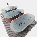 Colorful Oval Bathtubs with Red Rose Petals Floating in Water on Striped Bathroom Floor