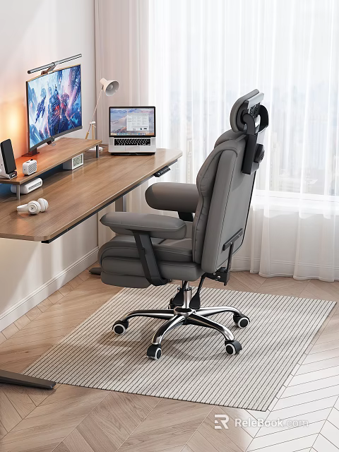 Modern Wooden Office Desk With Monitor Laptop Gray Ergonomic Chair And Bright Window 3d model 