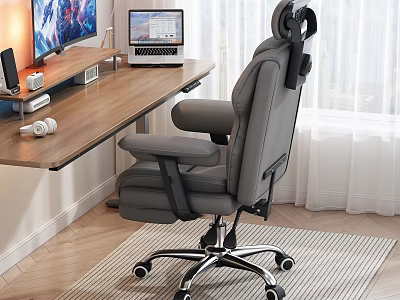 Modern Wooden Office Desk With Monitor Laptop Gray Ergonomic Chair And Bright Window 3d model