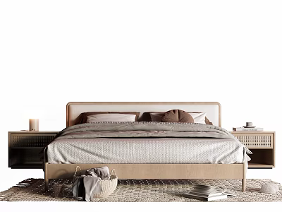 Cozy Modern Double Bed With Beige Headboard Gray Brown Quilt Nightstands Rug Books And Candle 3d model