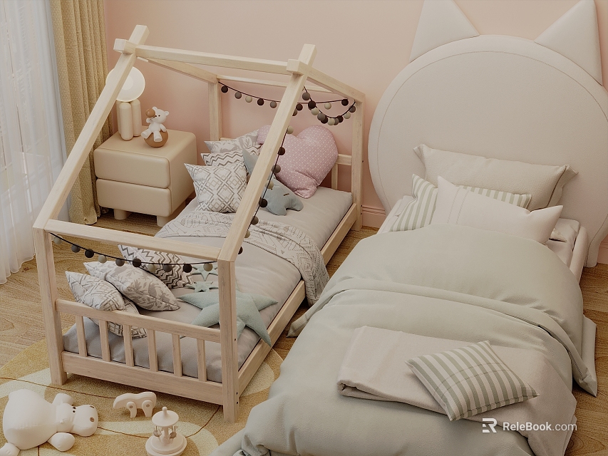 Adorable Children's Beds House Shaped Frame Cat Ear Headboard Soft Pillows And Light Wood 3d model 