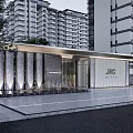 Modern Building Facade of High Rise Residential Complex With Glass Stone Design and Greenery