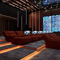Home Theater Room Interior With Multiple Screens Red Seats And Ceiling Lights