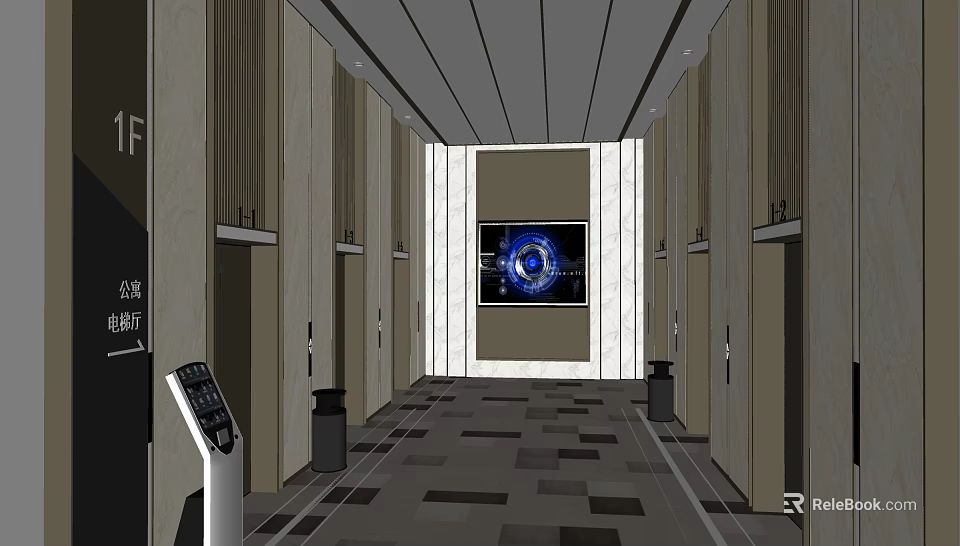 Modern Elevator Hallway With Sleek Doors Patterned Floor Tiles And Decorative Wall Art 3d model