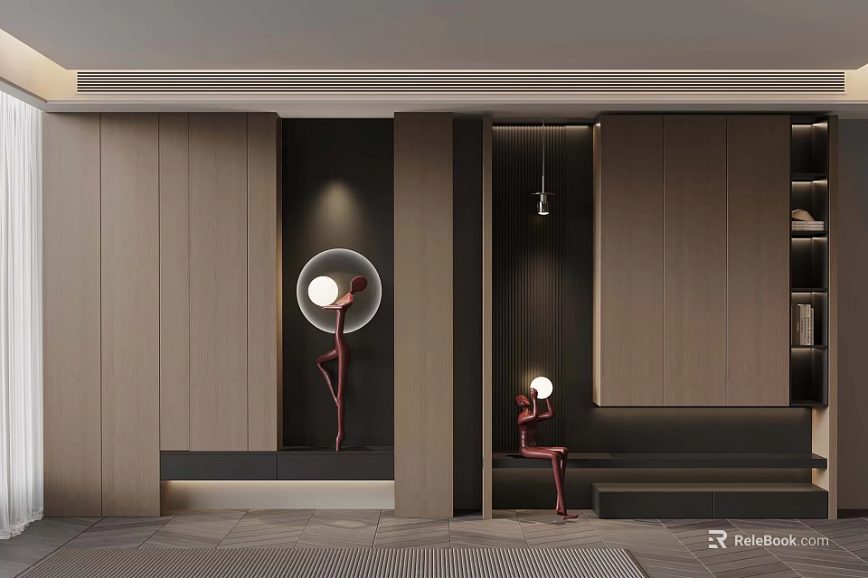 Modern Interior Design With Wooden Walls Round Lights Sculptural Figurines And Geometric Flooring 3d model 