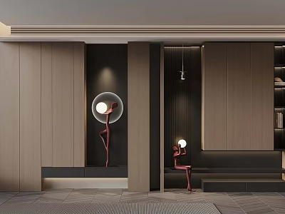 Modern Interior Design With Wooden Walls Round Lights Sculptural Figurines And Geometric Flooring 3d model