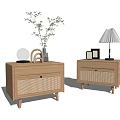 Light Wood Bedside Tables With Woven Detail Green Plant Table Lamp And Photo Frames