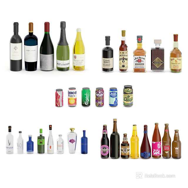 Assorted Wine And Liquor Bottles With Glassware And Beverage Cans Collection 3d model 