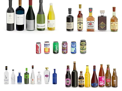 Assorted Wine And Liquor Bottles With Glassware And Beverage Cans Collection 3d model