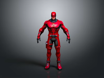 Red Superhero Costume Design With White Chest Logo Black Gloves And Boots 3d model