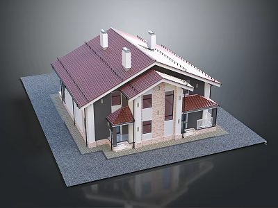 Cartoon Style Residential House 3D Model With Red Roof White Walls And Chimneys 3d model