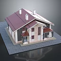 Cartoon Style Residential House 3D Model With Red Roof White Walls And Chimneys
