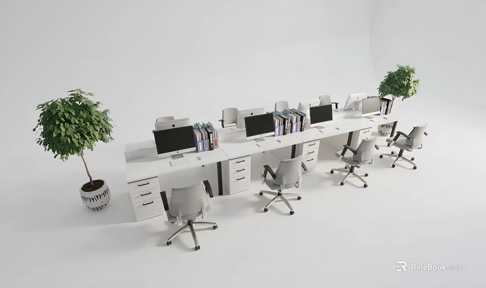 White Office Desk And Gray Office Chair Set With Computer Monitors Books And Potted Plants 3d model 