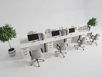 White Office Desk And Gray Office Chair Set With Computer Monitors Books And Potted Plants 3d model