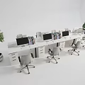White Office Desk And Gray Office Chair Set With Computer Monitors Books And Potted Plants