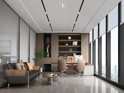 Modern Office Interior With Large Windows Sofa Desk Bookshelf And Plants 3d model