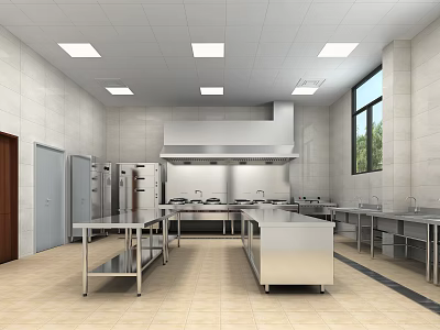 Commercial Kitchen Interior With Stainless Steel Worktables Range Hood Tile Walls And Bright Lighting 3d model