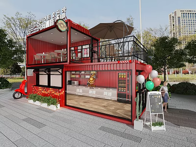 Red Two Story Container Cafe With Outdoor Seating Balloons Motorcycle Trees And High Rise Buildings 3d model