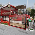Red Two Story Container Cafe With Outdoor Seating Balloons Motorcycle Trees And High Rise Buildings
