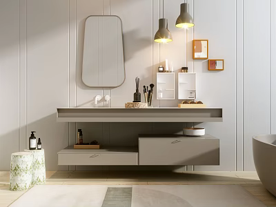 Contemporary Bathroom Vanity With Wall Mirror Hanging Lights Drawers And Open Storage 3d model