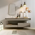 Contemporary Bathroom Vanity With Wall Mirror Hanging Lights Drawers And Open Storage