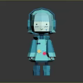 Blue Woman Figure With Headphones Yellow Cross And Pink Dot On Dress