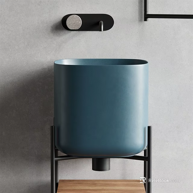 Cylindrical Blue Washbasin on Black Metal Stand with Grey Wall Background 3d model 