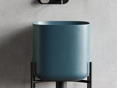 Cylindrical Blue Washbasin on Black Metal Stand with Grey Wall Background 3d model