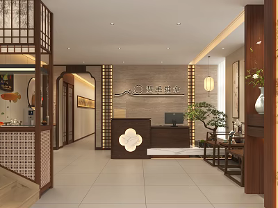 Traditional Chinese Tea House Lobby With Wooden Decor Reception Desk And Lanterns 3d model