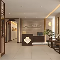 Traditional Chinese Tea House Lobby With Wooden Decor Reception Desk And Lanterns