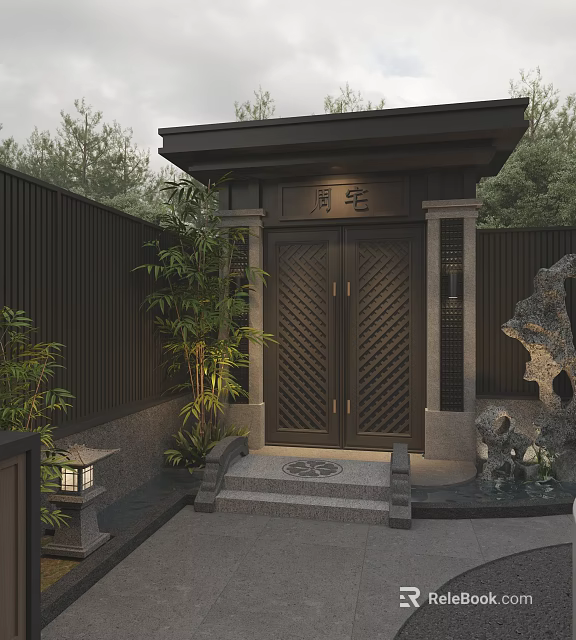 Traditional Chinese Courtyard Garden Entrance With Black Gate Bamboo And Rockery Water Feature 3d model 