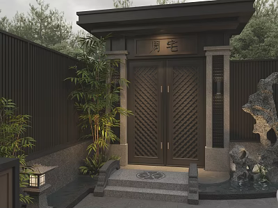 Traditional Chinese Courtyard Garden Entrance With Black Gate Bamboo And Rockery Water Feature 3d model