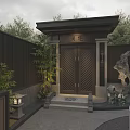 Traditional Chinese Courtyard Garden Entrance With Black Gate Bamboo And Rockery Water Feature