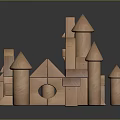 Wooden Block Castle Construction With Pointed Towers Arched Entry And Stacked Blocks