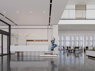 Modern Sales Office Reception Area With Marble Desk Large Windows And Decorations 3d model