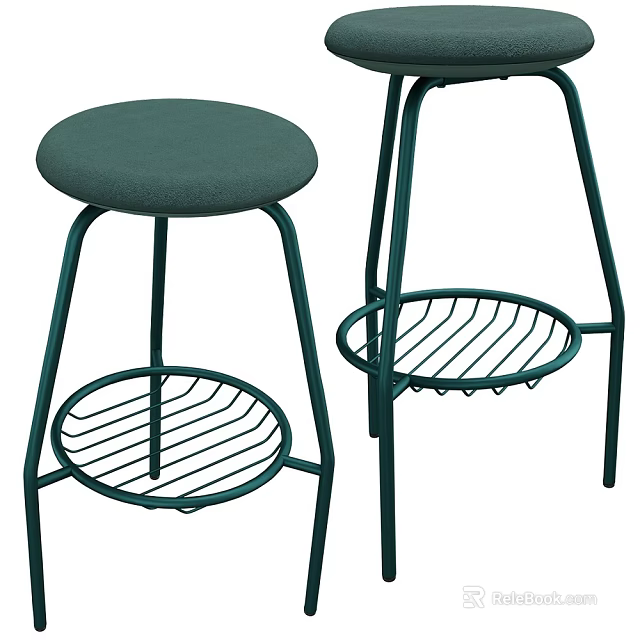Green Bar Stool With Metal Frame Circular Padded Seat And Circular Footrest Shelf Design 3d model 