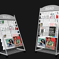 White Metal Wire Bookcase With READ Sign Holding Magazines And Newspapers On Wheels