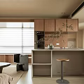 Modern Open Concept Dining and Living Area With Wooden Cabinets Marble Countertop and Green Plants