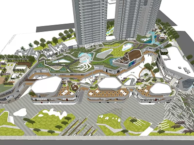 Modern Commercial Complex With Green Landscape High Rise Buildings Open Plaza And Walkways 3d model