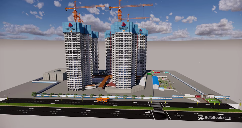 Construction Site With High Rise Buildings And Tower Cranes Under Urban Development 3d model 