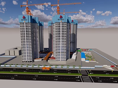 Construction Site With High Rise Buildings And Tower Cranes Under Urban Development 3d model